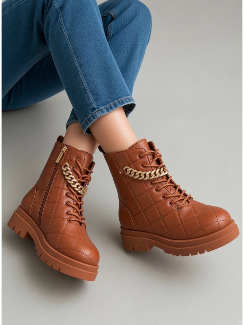 Brown Quilted Combat Boots Gold Chain Lace Up Lug Sole Ankle Booties